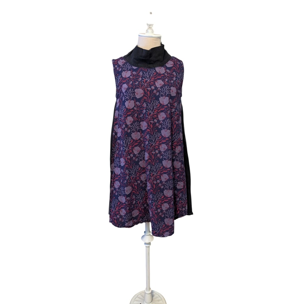 Lagenlook Sleeveless Floral Shift Dress A-Line Boho Festival Purple High‎ Neck
